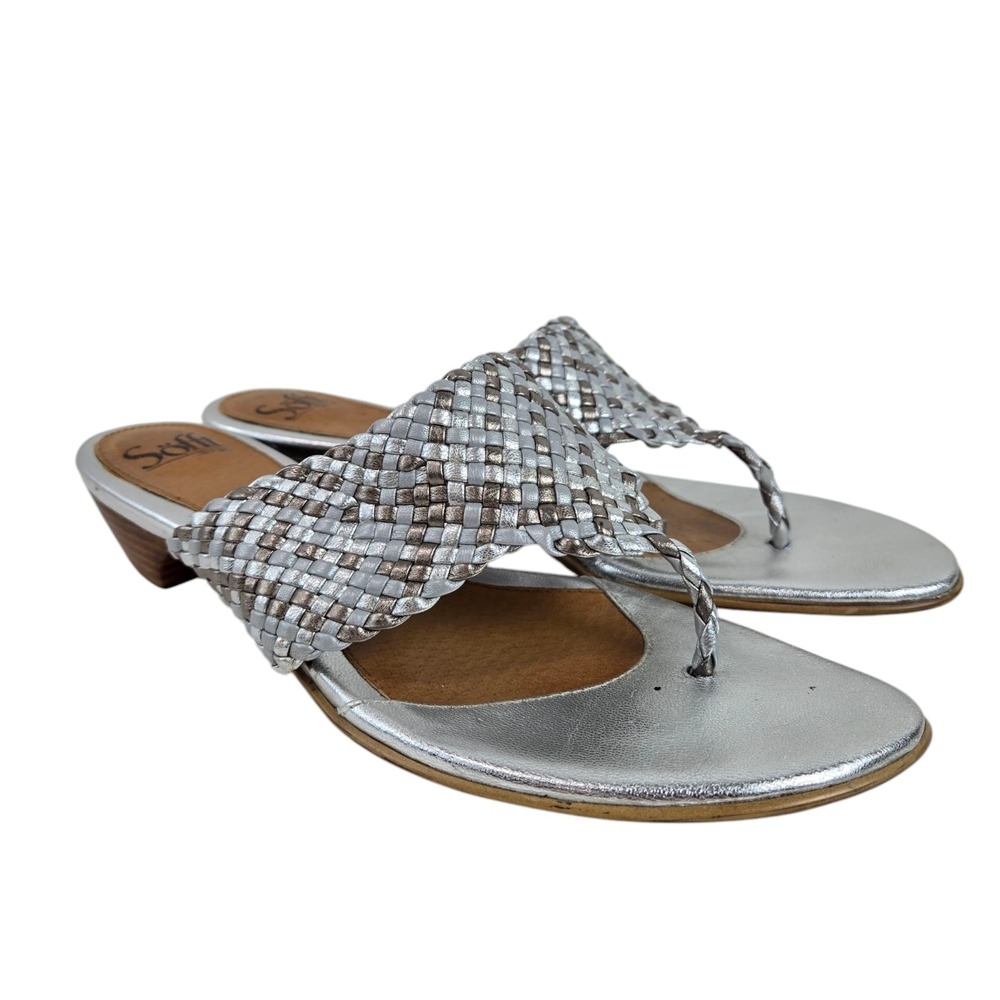 Vtg Y2K Sofft Basket Weave Stacked Heel Sandals Toe Post Thong Silver Size 9.5M